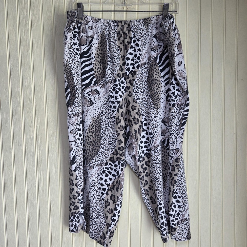 YS SPORT Pants Womens 1X Beige Jersey Harem Pull On Elastic Waist Animal Print